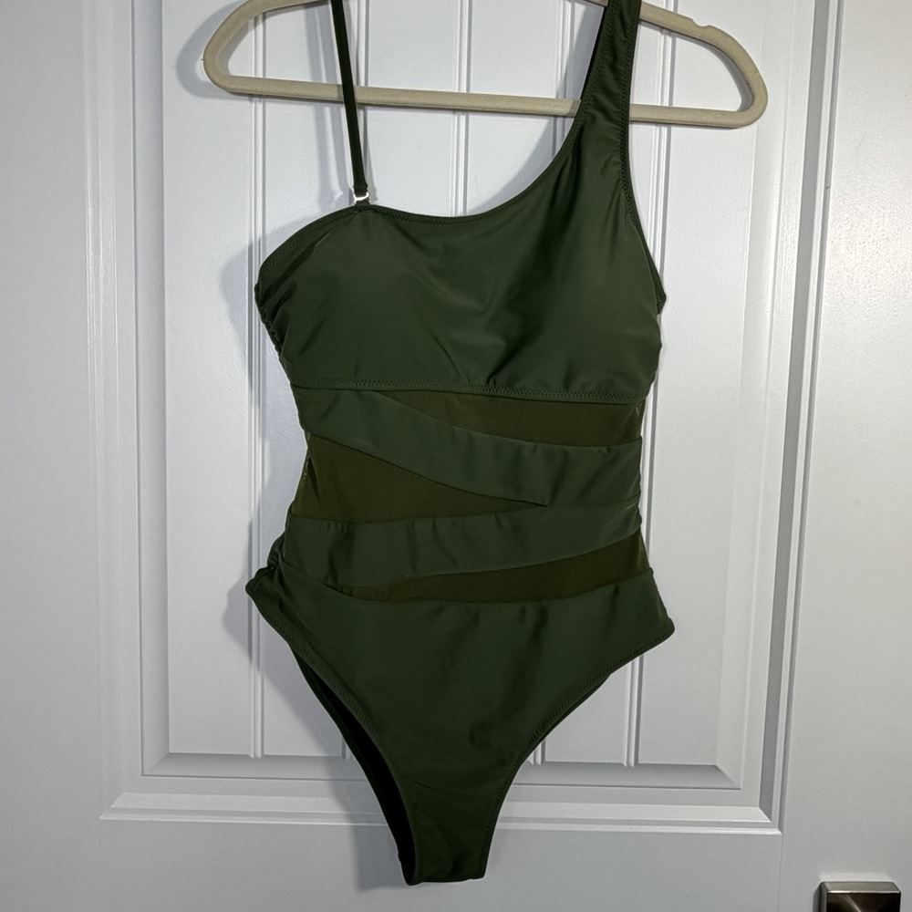 B‎ Swim Olive Green One Shoulder Mesh Cutout One Piece Swimsuit M